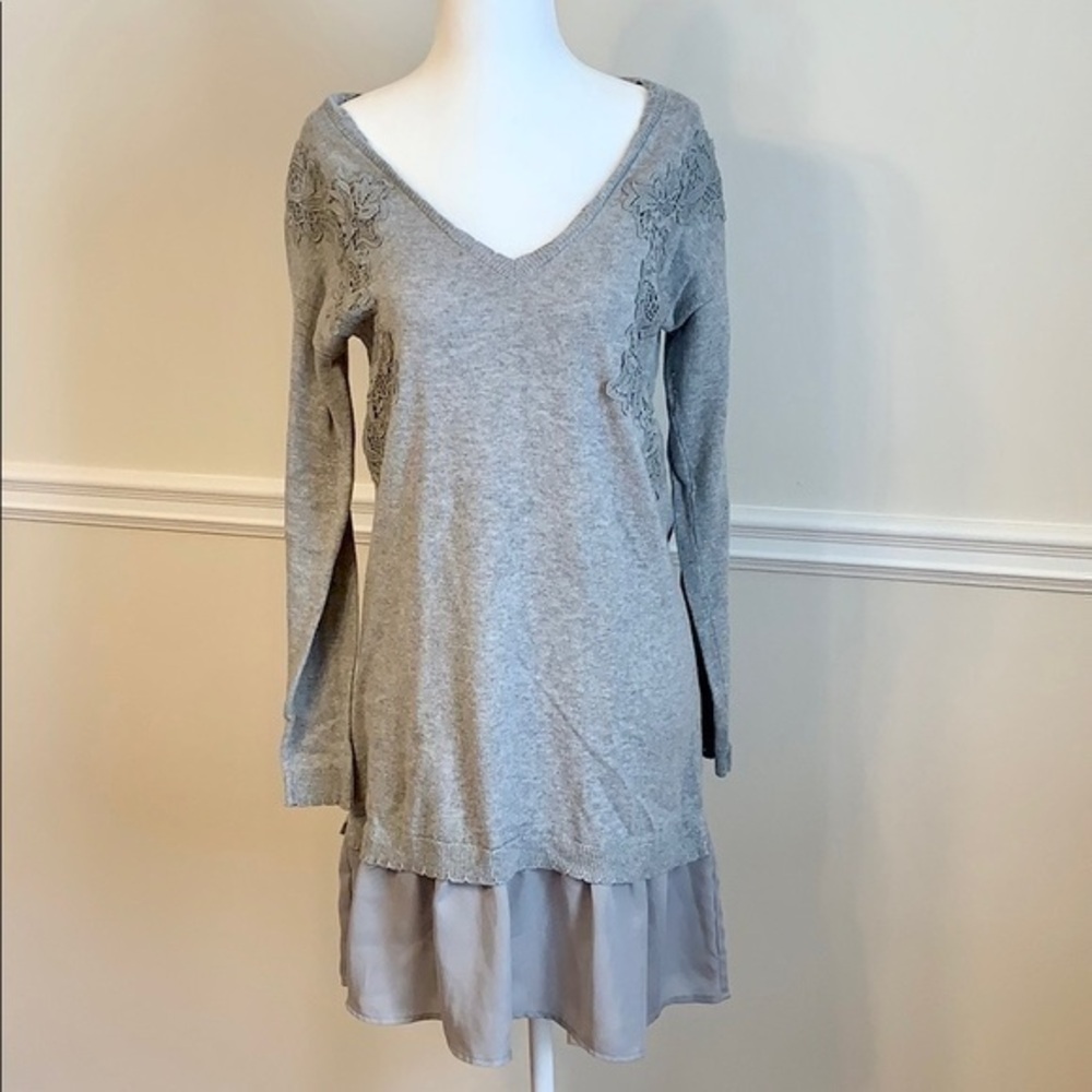 LC LAUREN CONRAD Long Sleeve Sweater Dress Layered Embroidered Gray XS